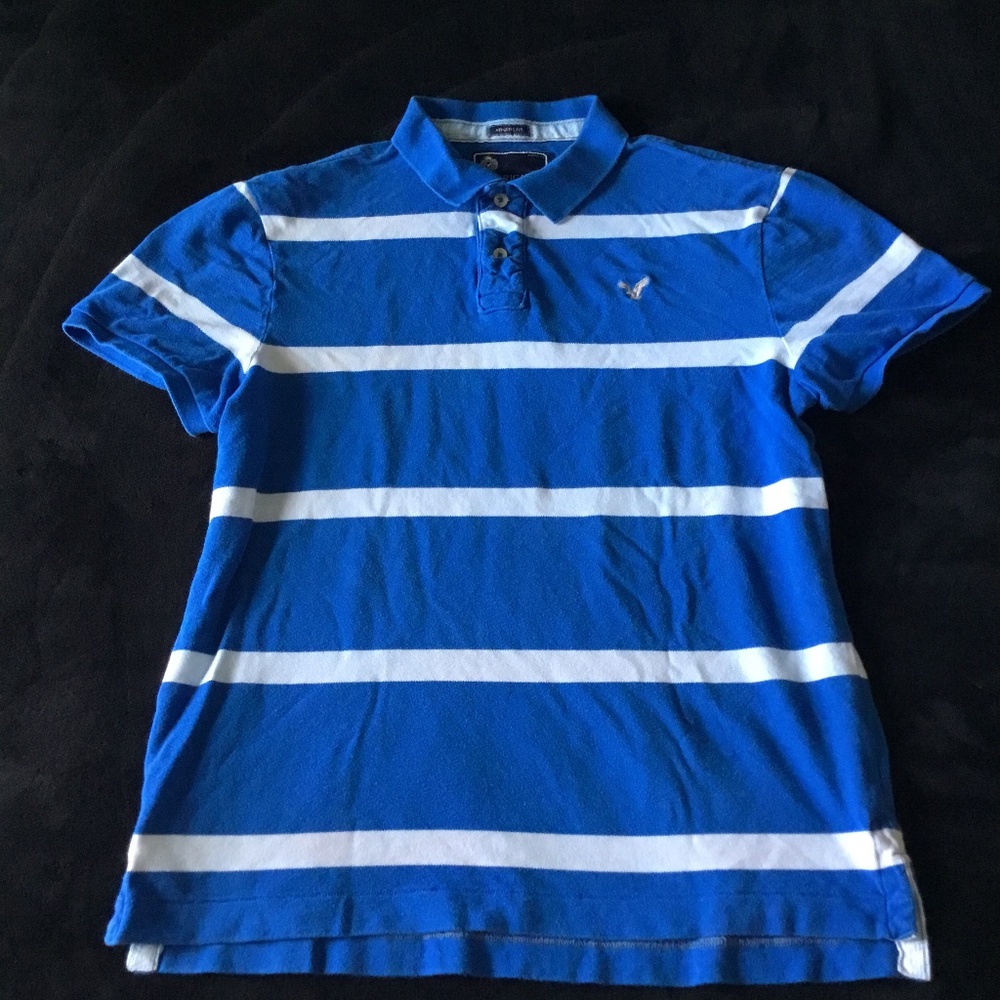 Men's Vintage Y2K American Eagle Blue/White Striped Polo